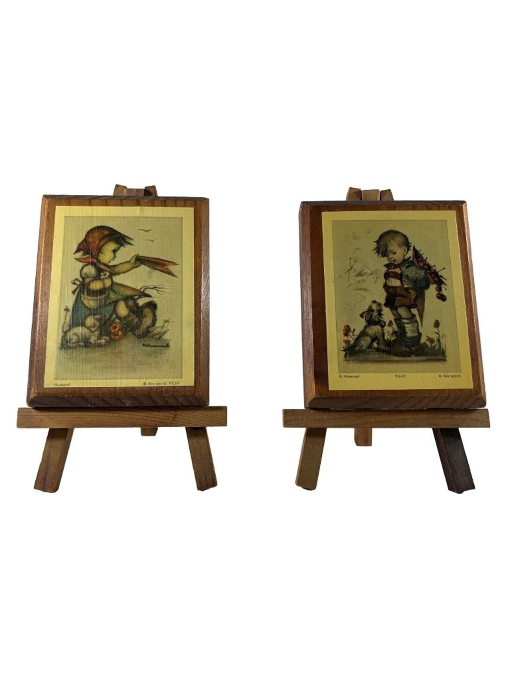 Vintage 2 pc B Hummel Plaques On Wooden Easels With Ars Sacra Prints 9640 & 9637